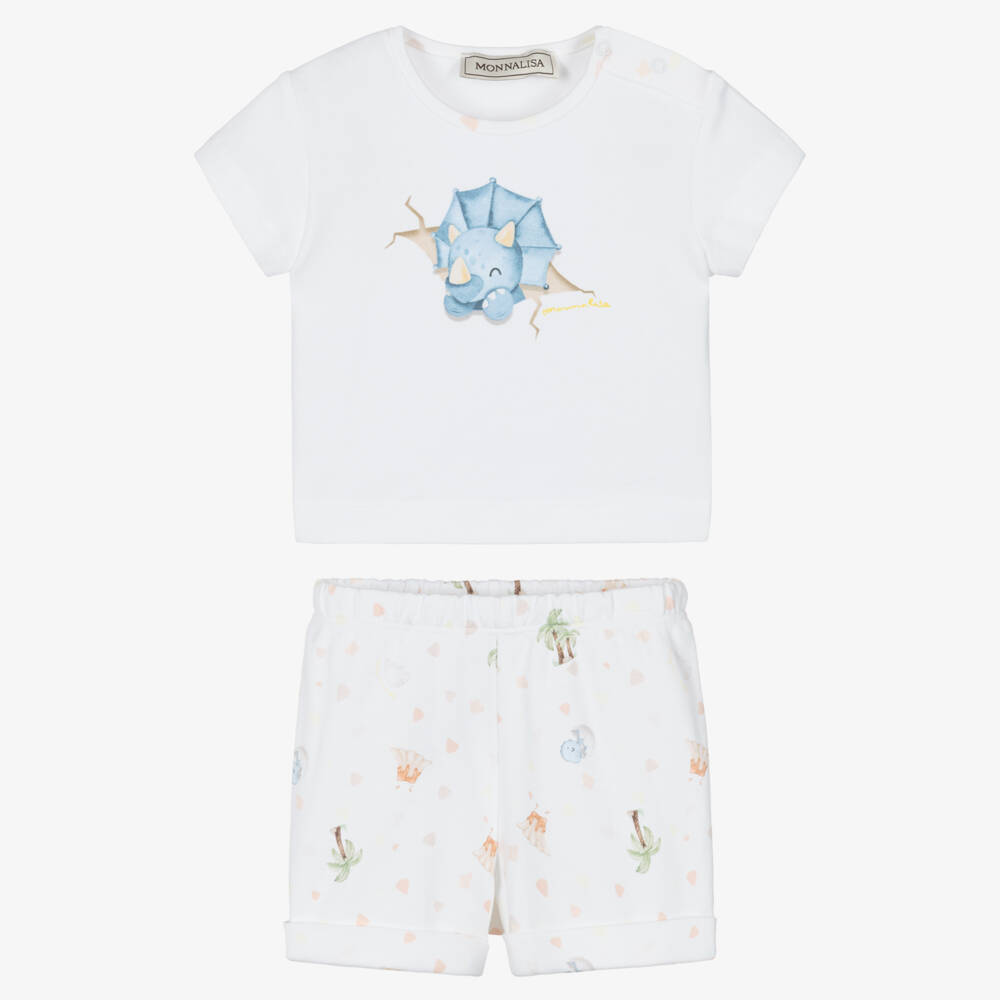 Monnalisa-Baby Boys White Dinosaur Print Cotton Jersey Shorts Set | Childrensalon Outlet