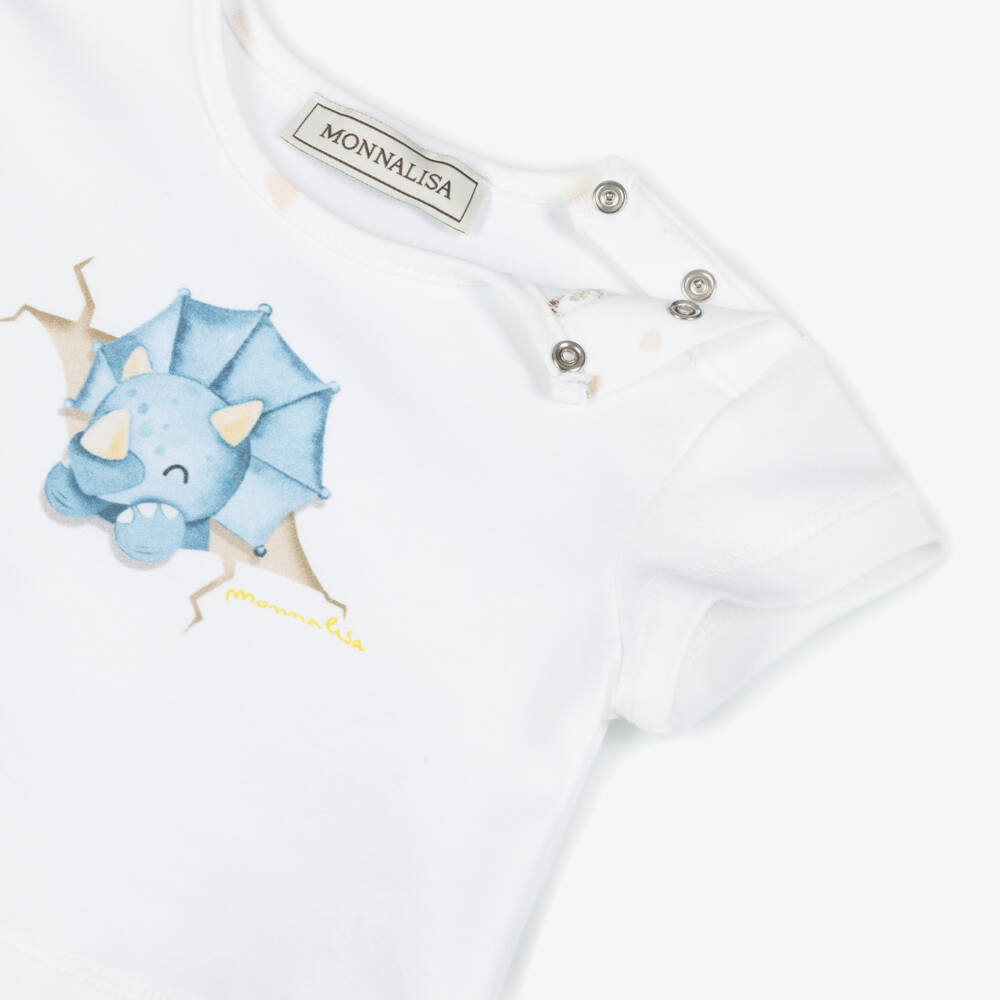 Monnalisa-Baby Boys White Dinosaur Print Cotton Jersey Shorts Set | Childrensalon Outlet