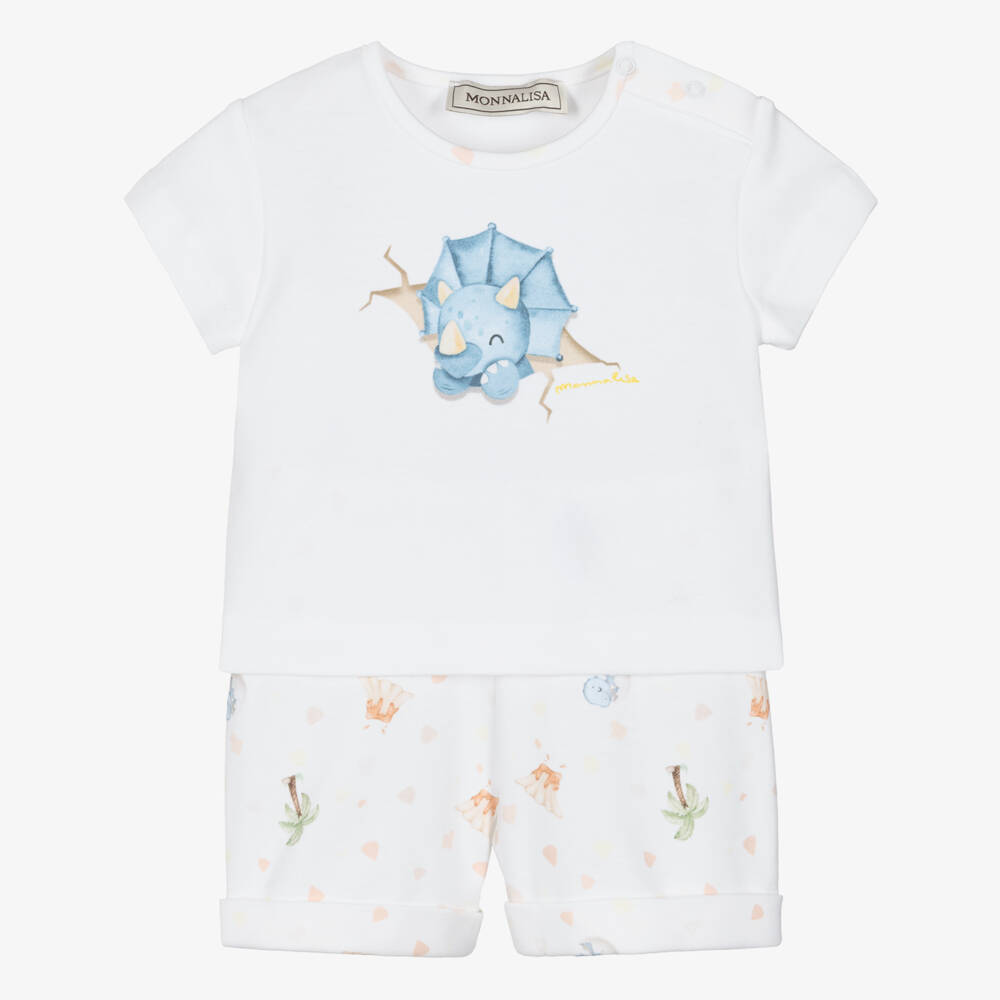 Monnalisa-Baby Boys White Dinosaur Print Cotton Jersey Shorts Set | Childrensalon Outlet