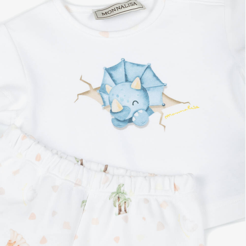 Monnalisa-Baby Boys White Dinosaur Print Cotton Jersey Shorts Set | Childrensalon Outlet