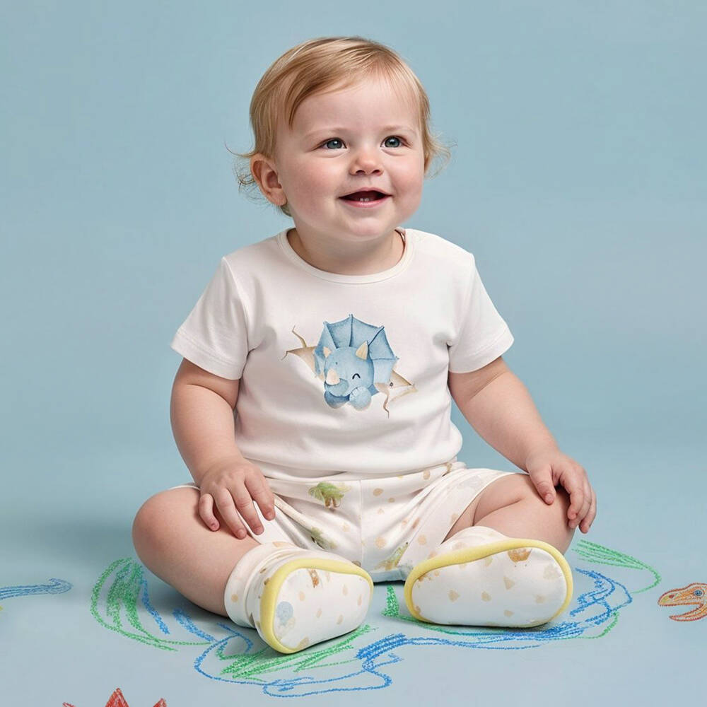 Monnalisa-Baby Boys White Dinosaur Print Cotton Jersey Shorts Set | Childrensalon Outlet