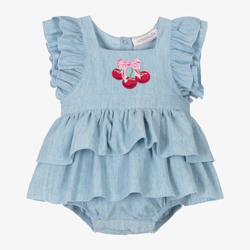 Monnalisa-Baby Girls Blue Linen & Cotton Dress | Childrensalon Outlet
