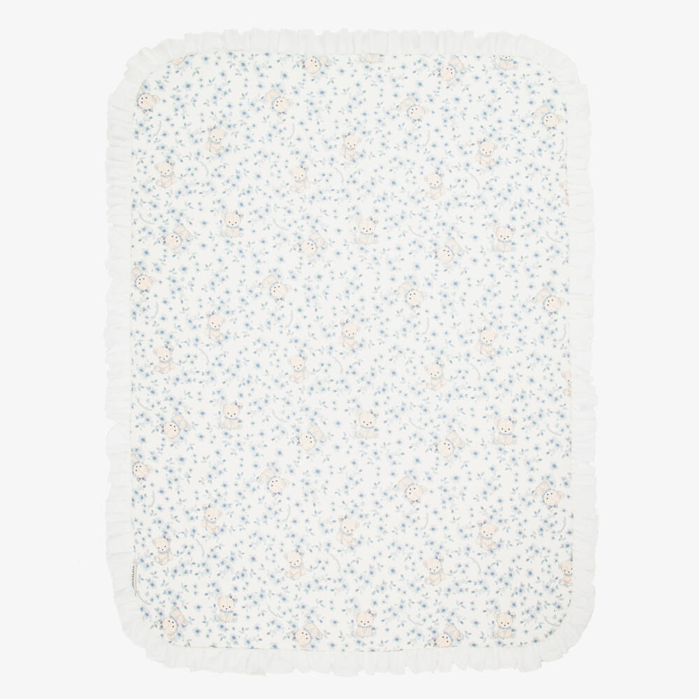 Monnalisa-Baby Girls Ivory & Blue Floral Cotton Teddy Blanket (89cm) | Childrensalon Outlet