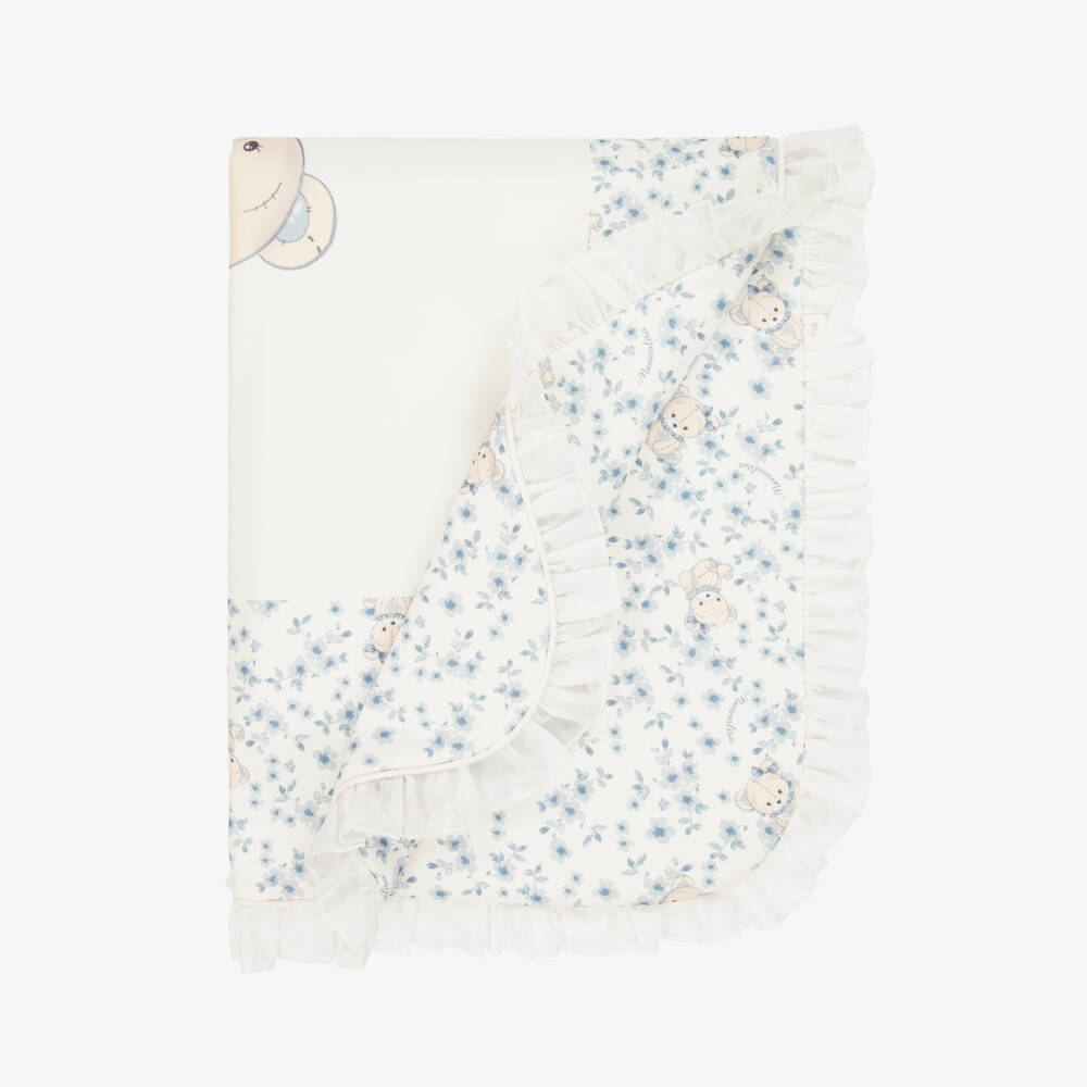 Monnalisa-Baby Girls Ivory & Blue Floral Cotton Teddy Blanket (89cm) | Childrensalon Outlet