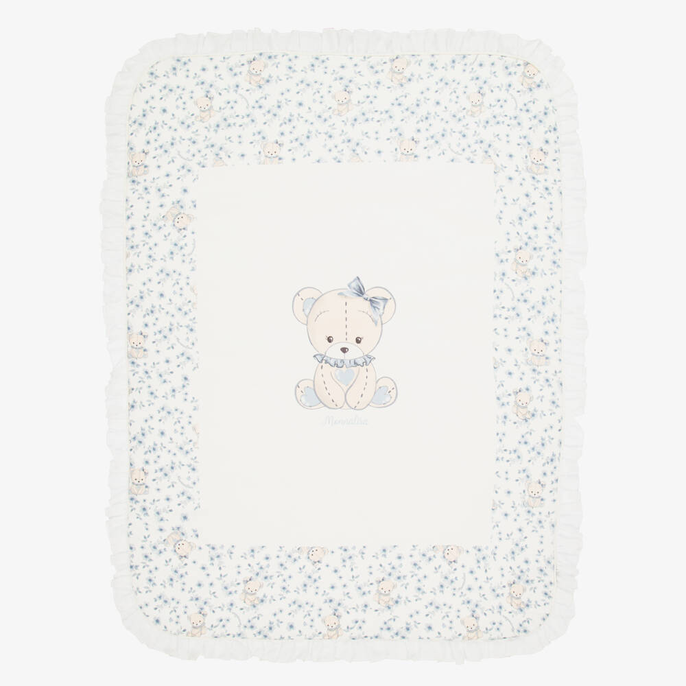 Monnalisa-Baby Girls Ivory & Blue Floral Cotton Teddy Blanket (89cm) | Childrensalon Outlet