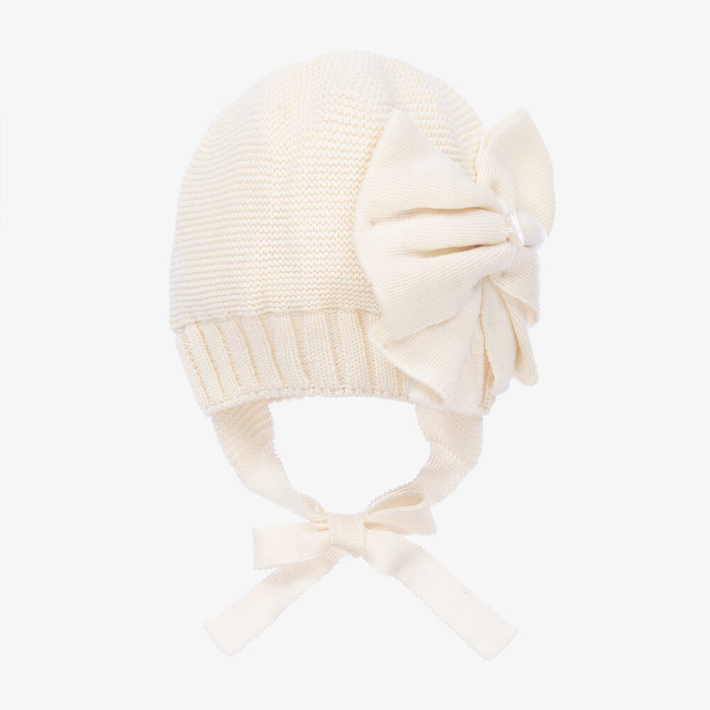 Monnalisa - Baby Girls Ivory Bow Knit Hat | Childrensalon