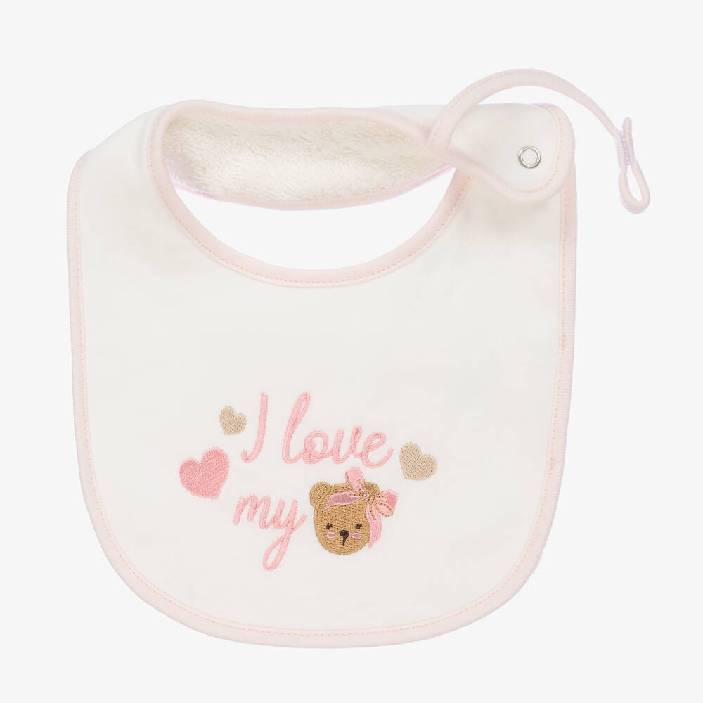 Monnalisa - Baby Girls Ivory & Pink Teddy Bear Bib | Childrensalon