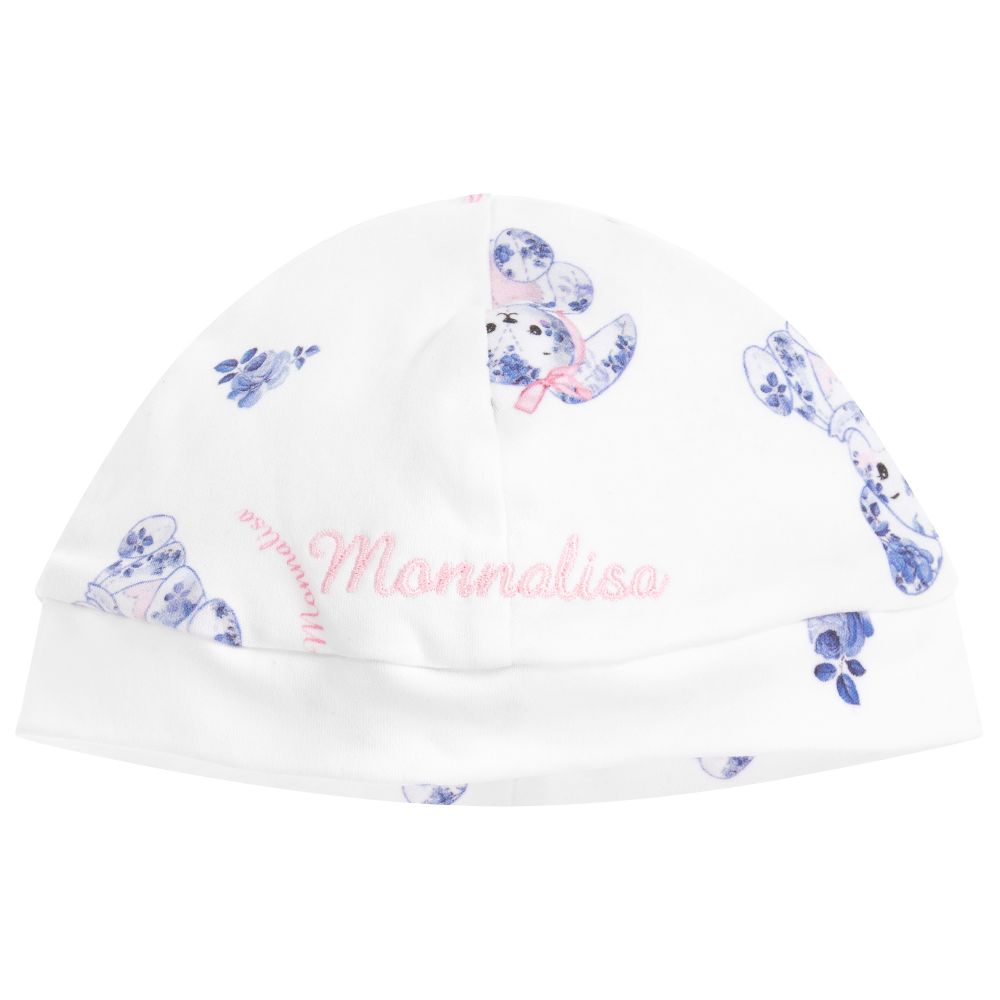 Monnalisa - قبعة قطن لون أبيض وأزرق للمولودات | Childrensalon