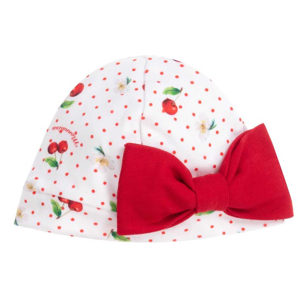Monnalisa - قبعة قطن لون أبيض وأحمر للمولودات | Childrensalon