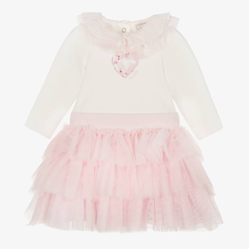 Monnalisa - Baby Girls White & Pink Tulle Skirt Set | Childrensalon