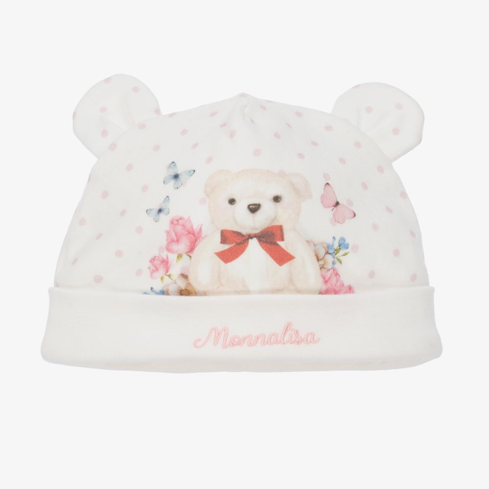 Monnalisa - Кремовая хлопковая шапочка с медвежонком | Childrensalon