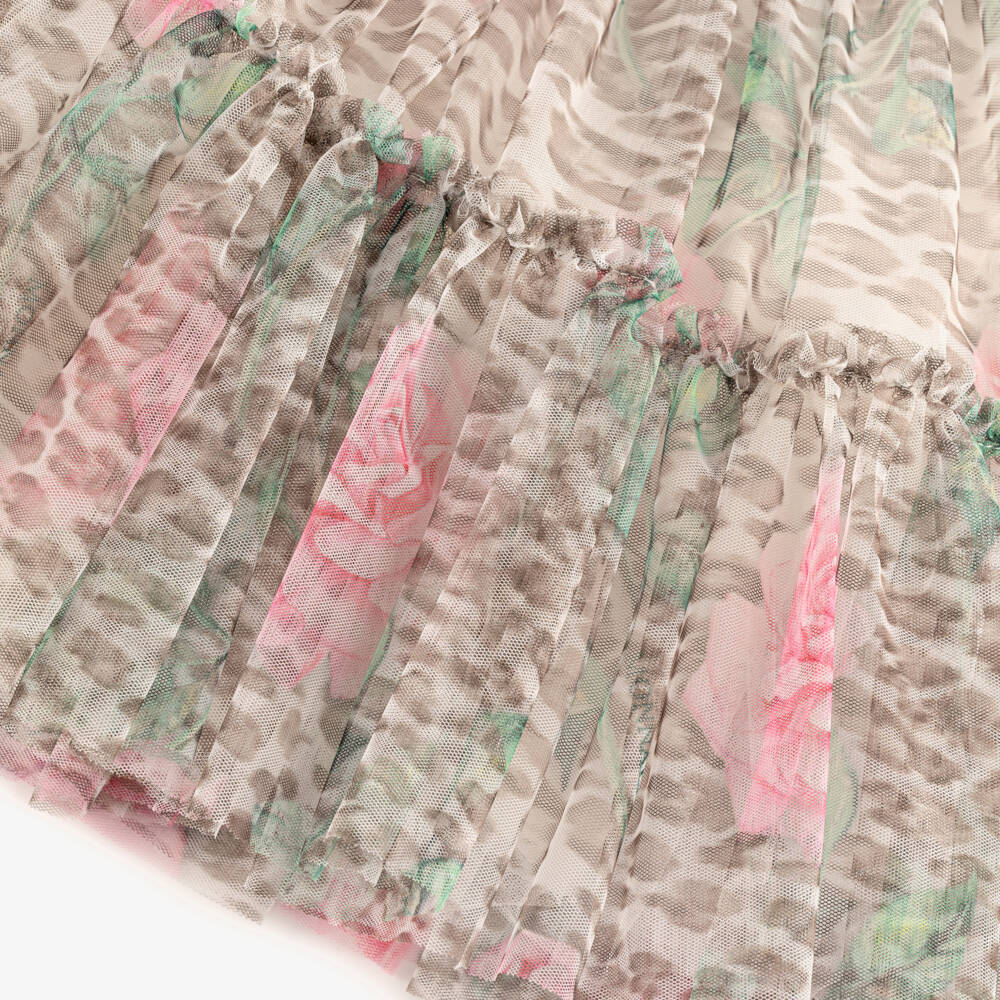 Monnalisa-Beige Leopard Floral Tulle Dress | Childrensalon Outlet