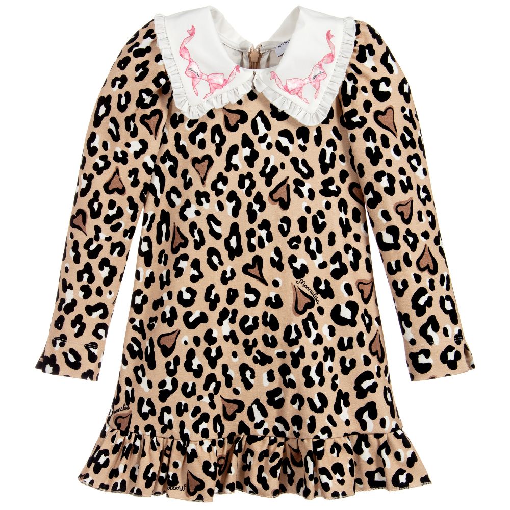 Monnalisa - Beiges Jerseykleid mit Leo-Print  | Childrensalon