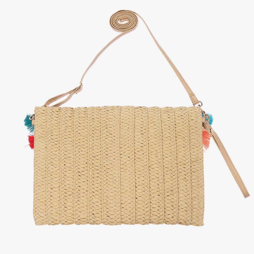 Monnalisa-Beige Straw Pom-Pom Bag (28cm) | Childrensalon Outlet
