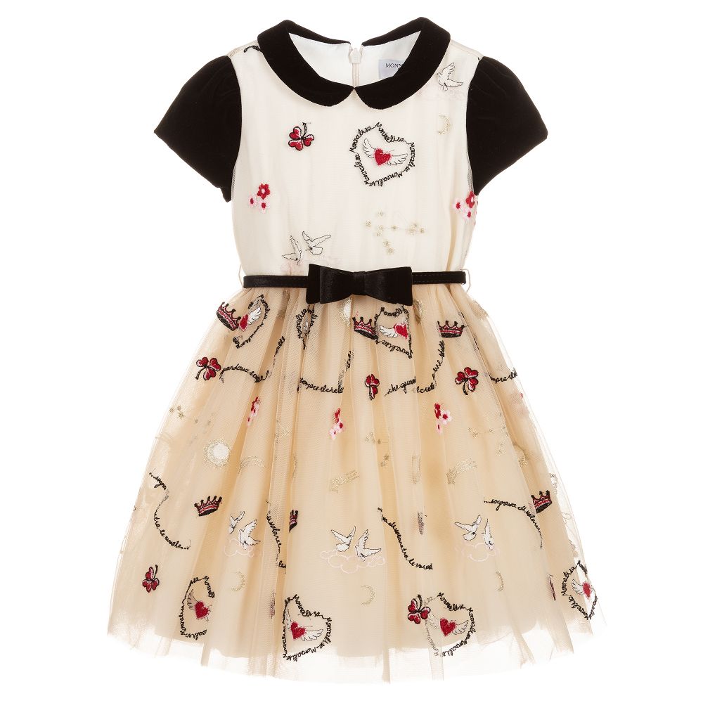 Monnalisa - Beige Tulle & Velvet Dress | Childrensalon