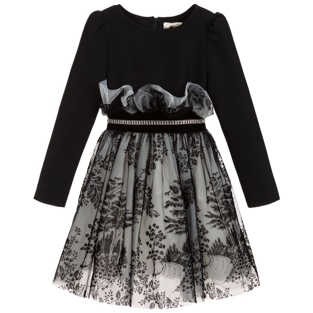 Monnalisa - Black Flocked Tulle Dress | Childrensalon