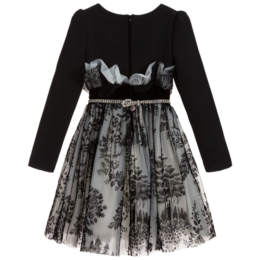 Monnalisa-Black Flocked Tulle Dress | Childrensalon Outlet