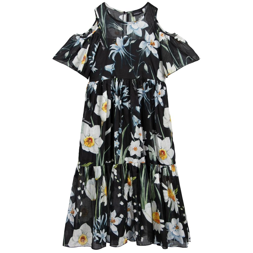 Monnalisa - Black Floral Cotton Long Dress | Childrensalon