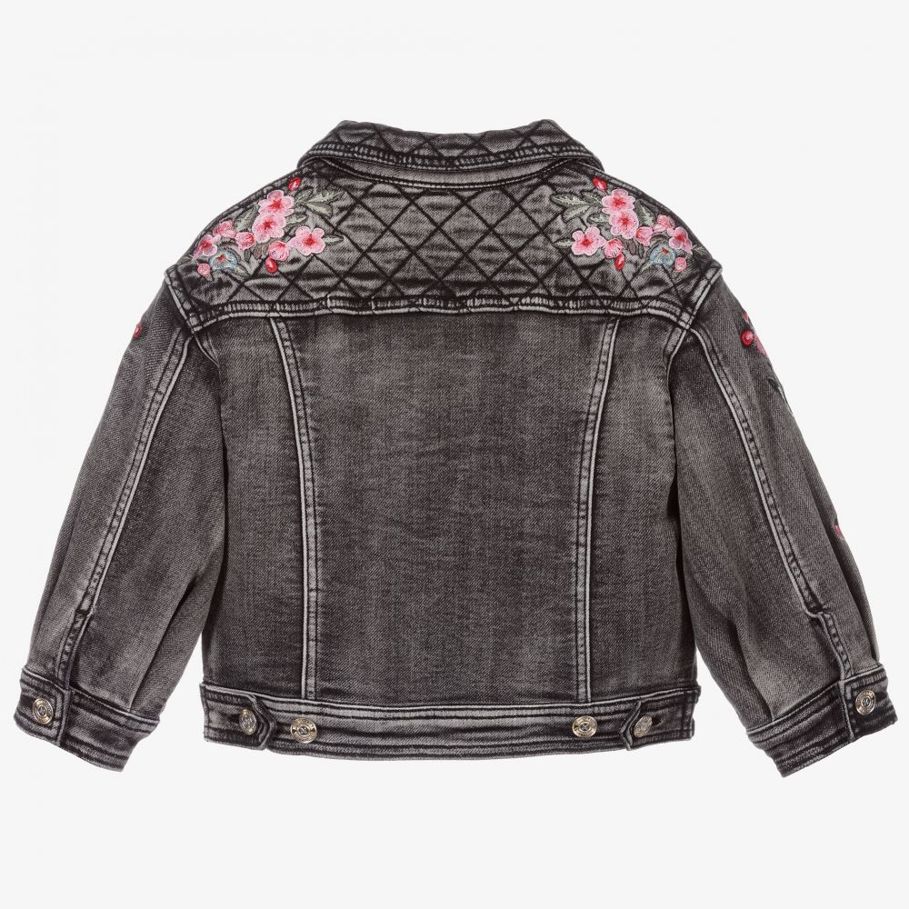 Monnalisa-جاكيت قطن دنيم لون أسود مزين بورود للبنات | Childrensalon Outlet
