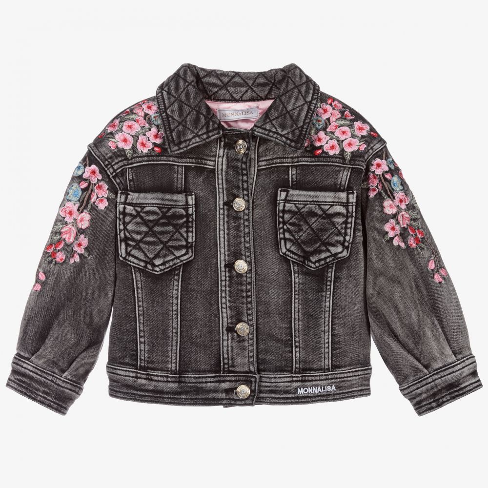 Monnalisa - Schwarze Jeansjacke mit Blumenmuster | Childrensalon