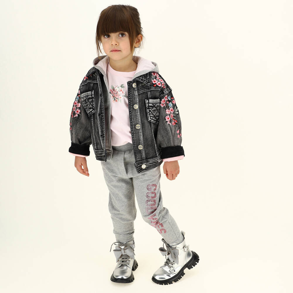 Monnalisa-جاكيت قطن دنيم لون أسود مزين بورود للبنات | Childrensalon Outlet