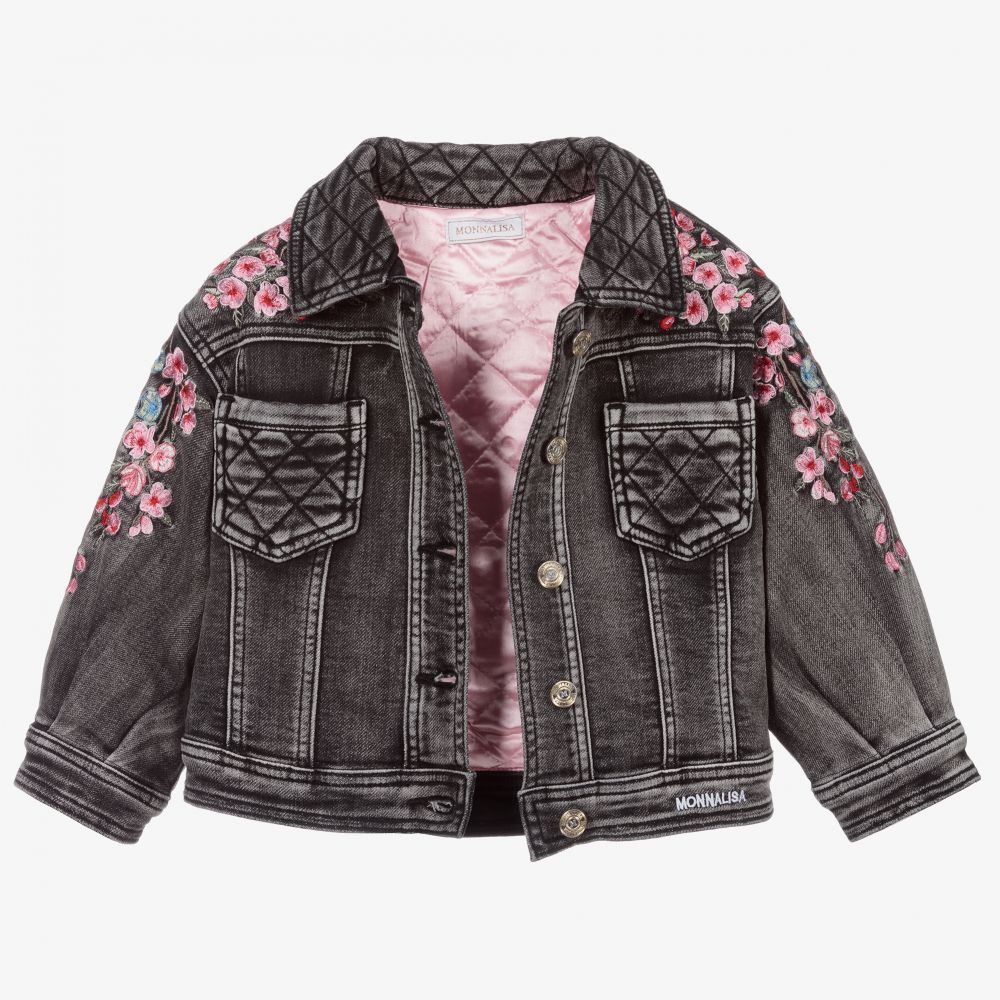 Black floral denim jacket hotsell