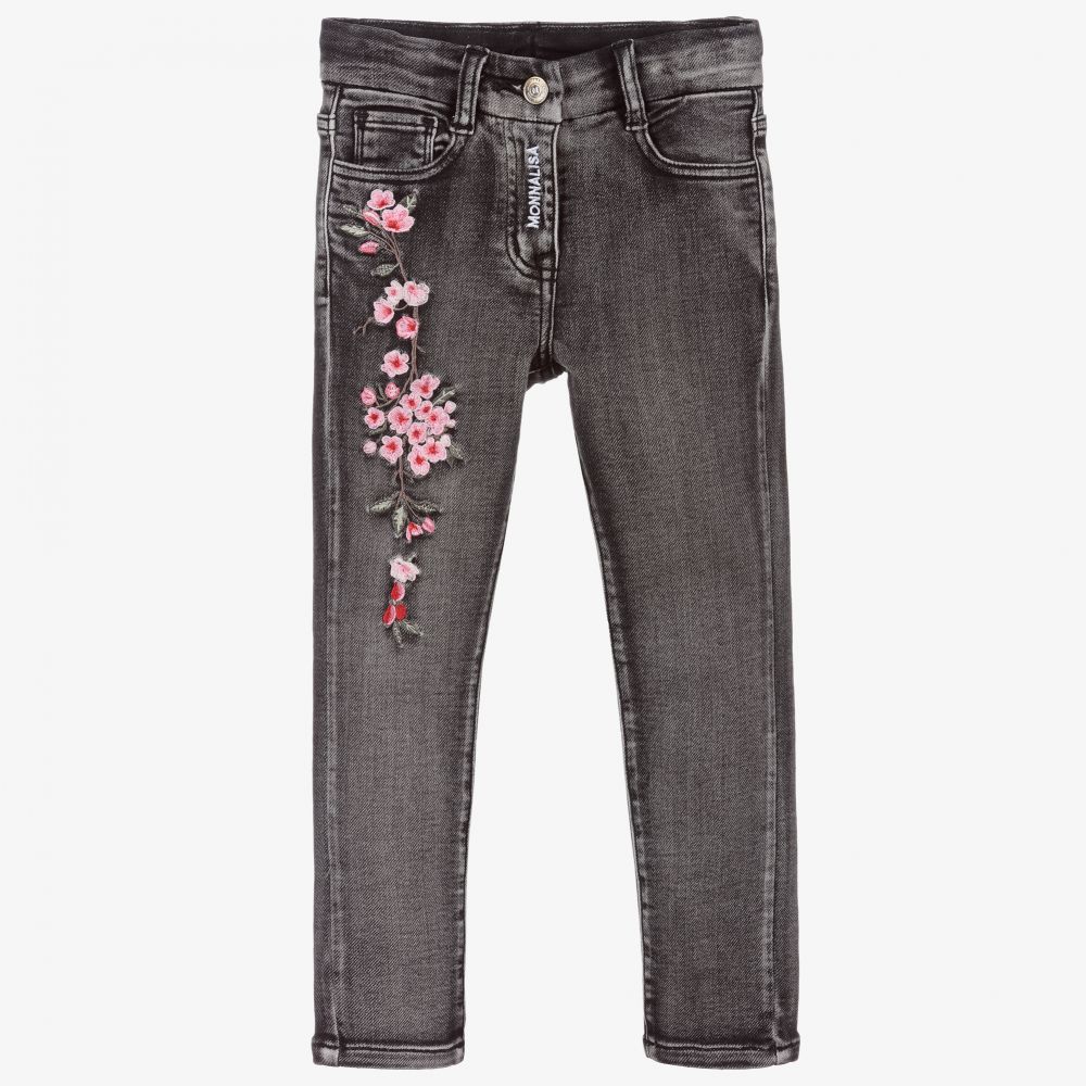 Monnalisa - Black Floral Denim Jeans | Childrensalon