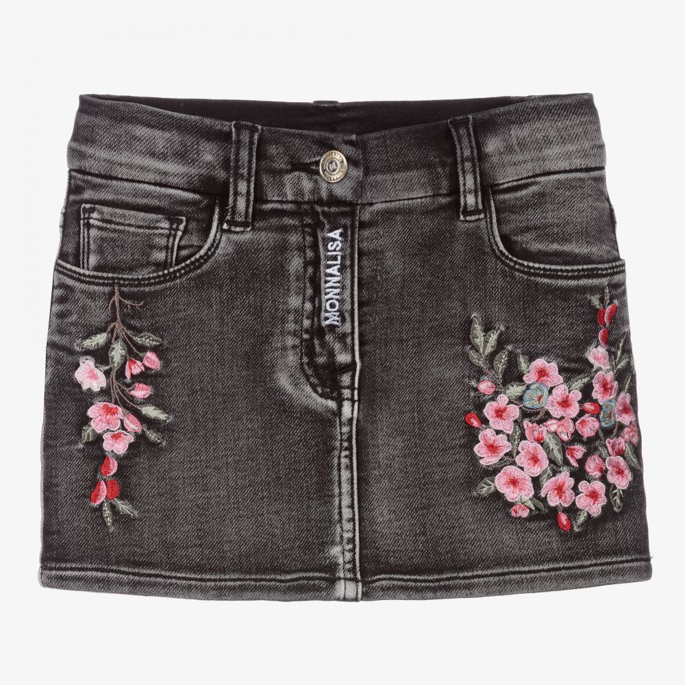 Monnalisa - Black Floral Denim Mini Skirt | Childrensalon