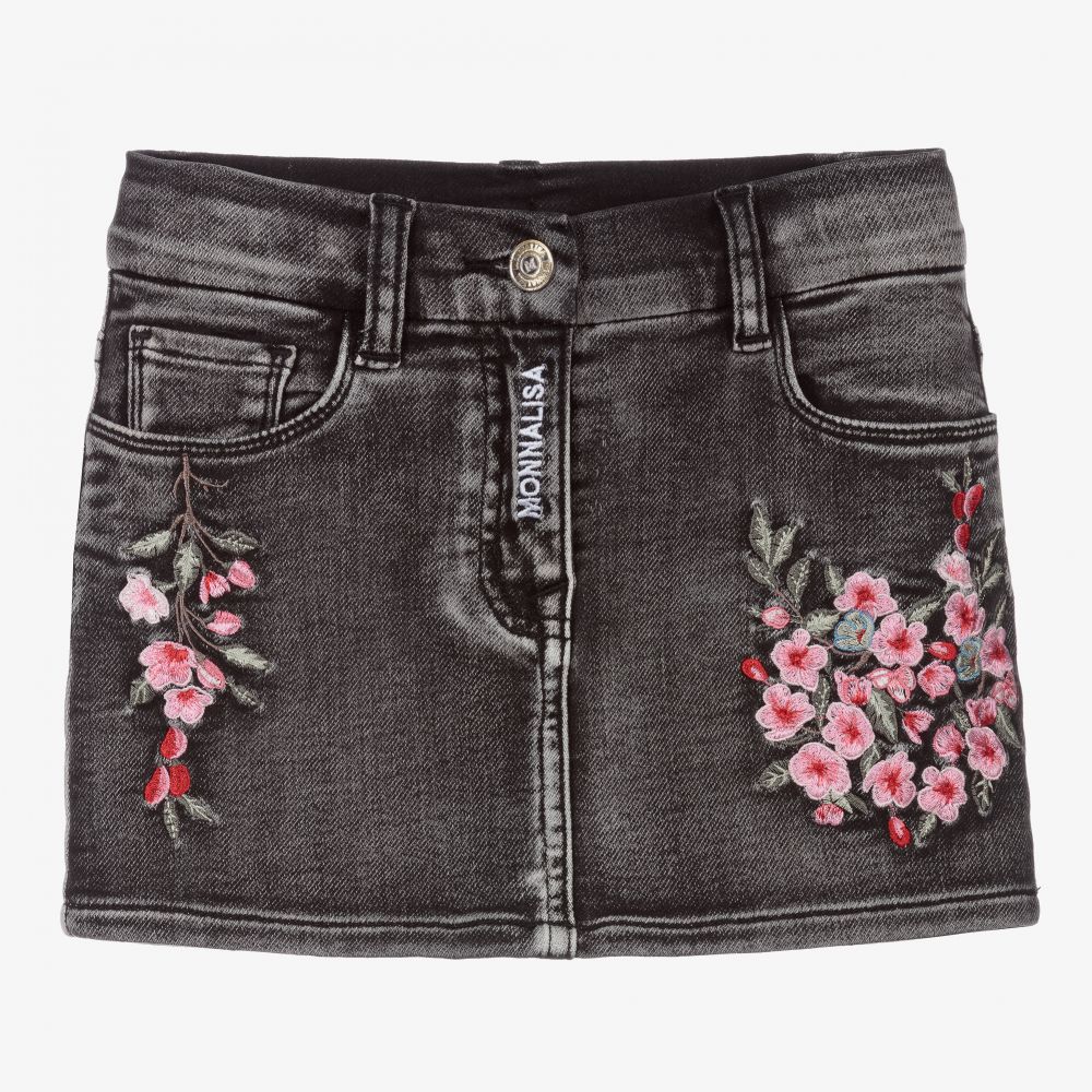 Monnalisa - Mini-jupe fleurie noire en denim | Childrensalon