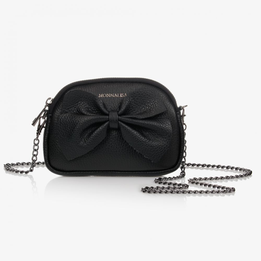 Monnalisa - حقيبة جلد مزينة بفيونكة لون أسود للبنات (18 سم) | Childrensalon