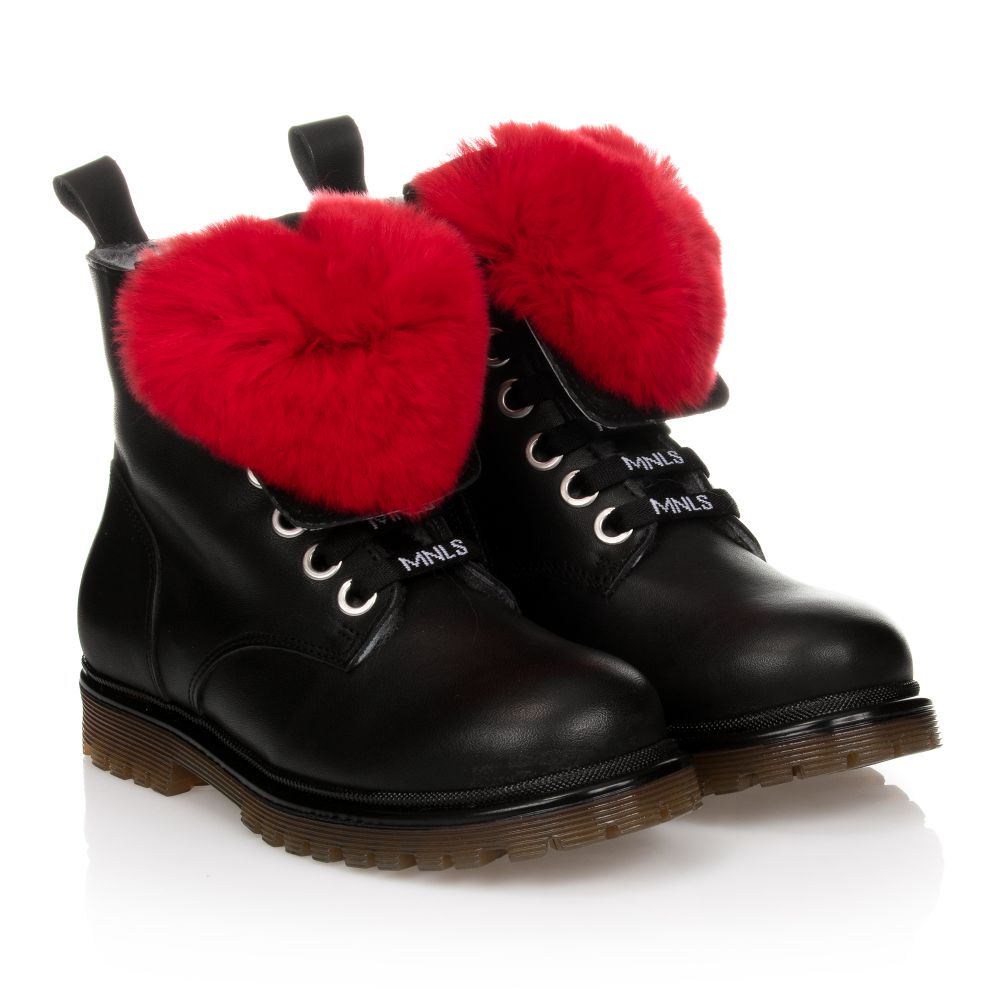 Monnalisa - Black Leather & Red Fur Boots | Childrensalon