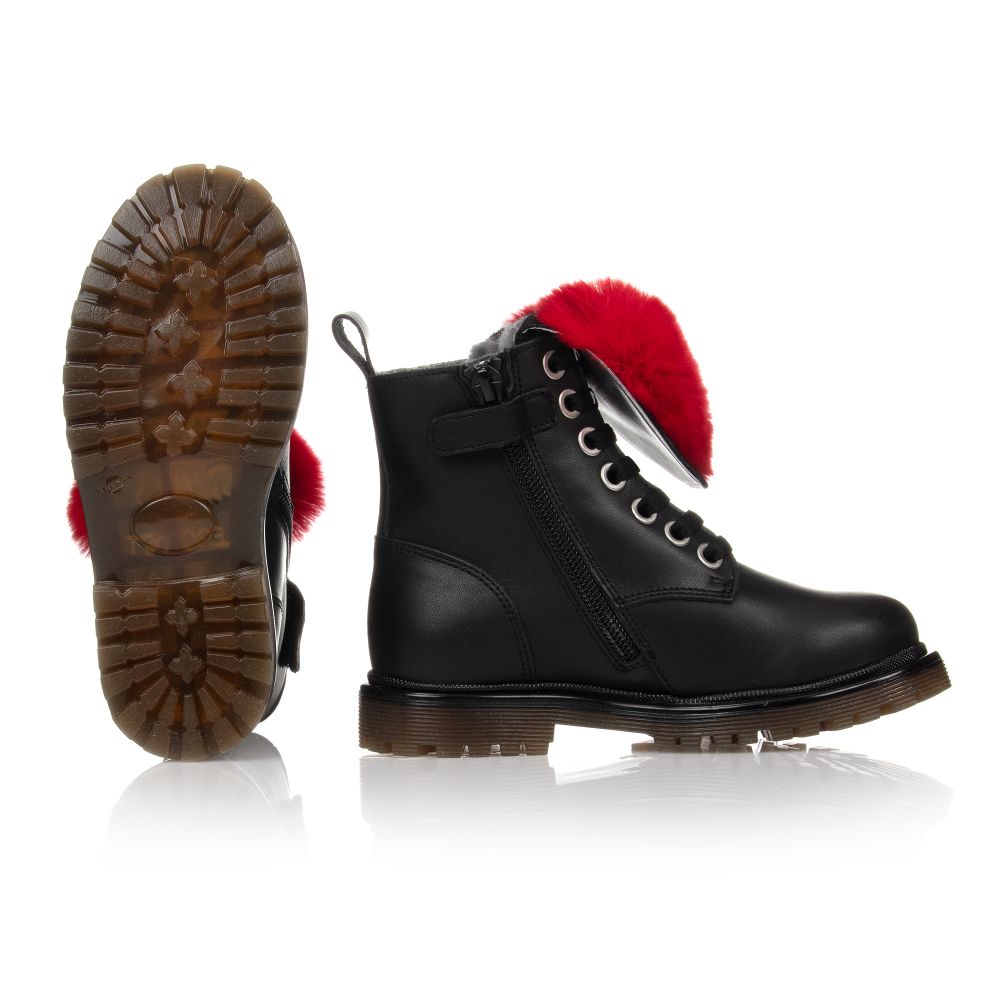 Monnalisa-Черные кожаные ботинки с красным мехом | Childrensalon Outlet