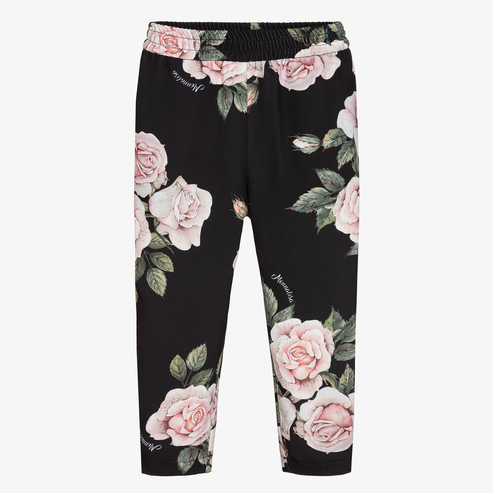 Monnalisa Chic - Black & Pink Roses Trousers | Childrensalon