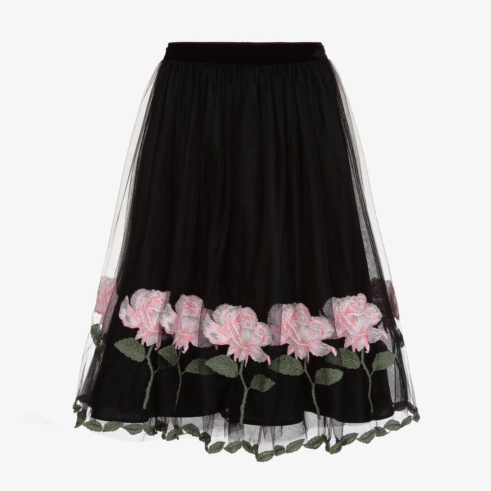 Monnalisa Chic - Jupe noire et rose à roses en tulle | Childrensalon