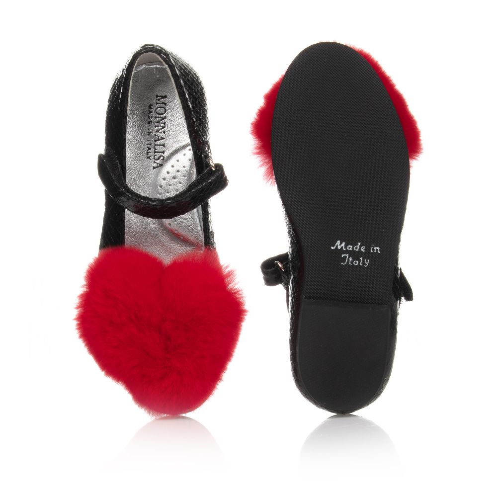 موناليزا-حذاء جلد إصطناعي وفرو لون أسود وأحمر للبنات | Childrensalon Outlet