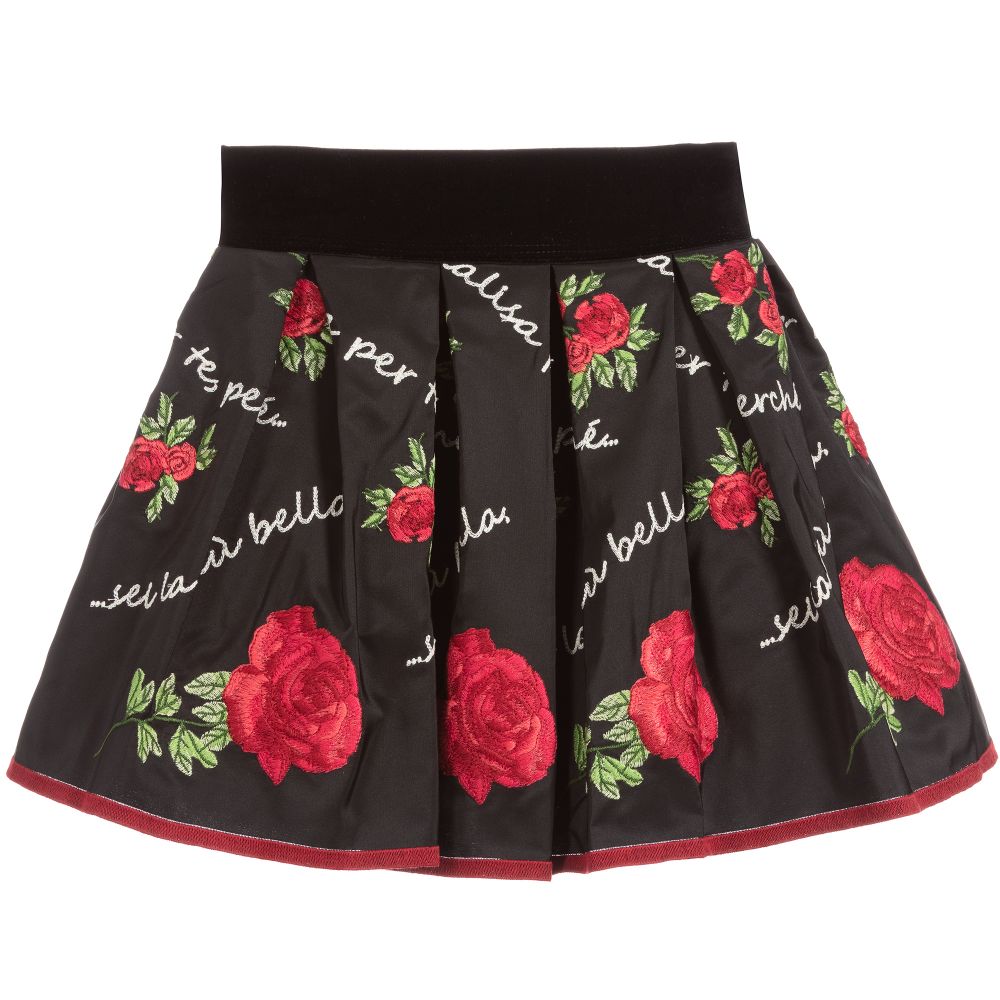 Monnalisa Chic - Black Skirt with Red Roses | Childrensalon
