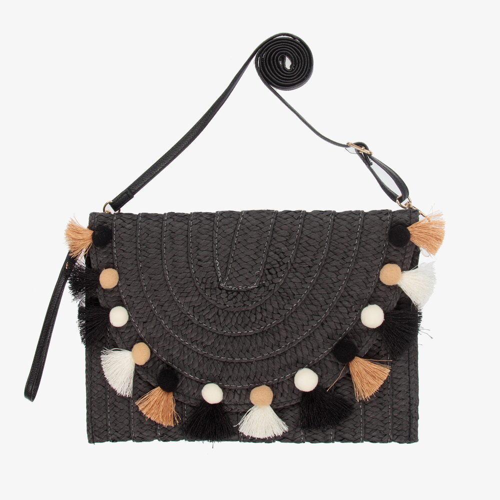 Monnalisa - Black Straw Pom-Pom Bag (28cm) | Childrensalon