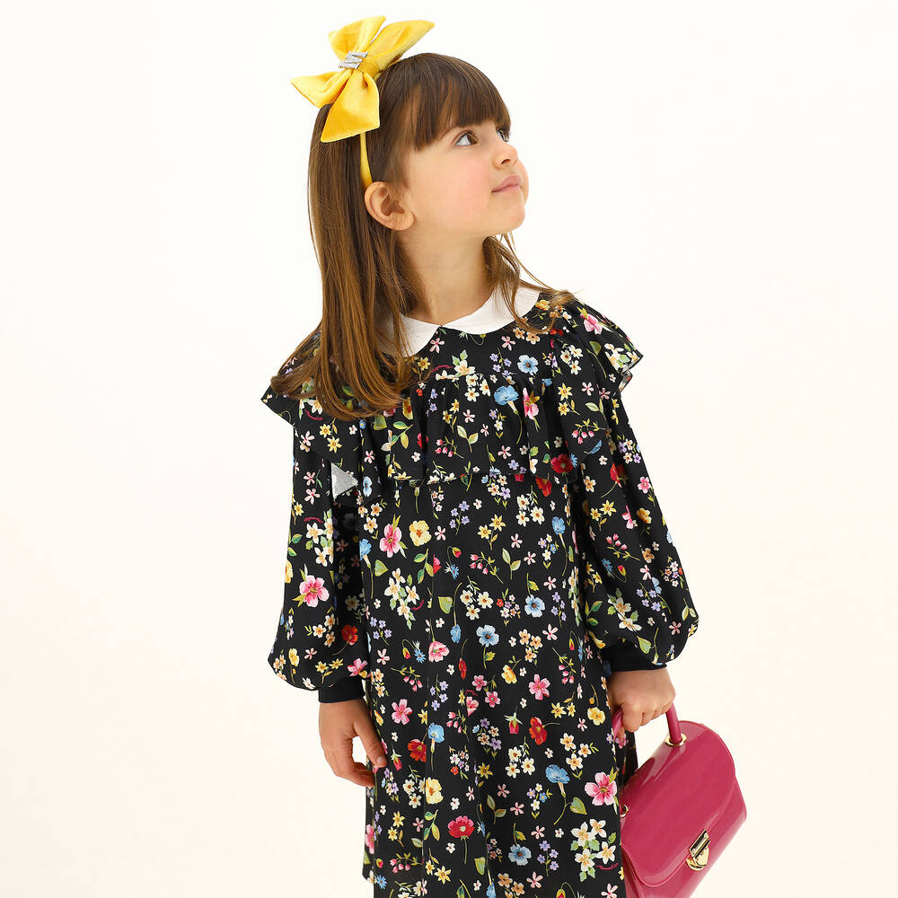 Monnalisa-Черное платье из вискозы в цветочек | Childrensalon Outlet