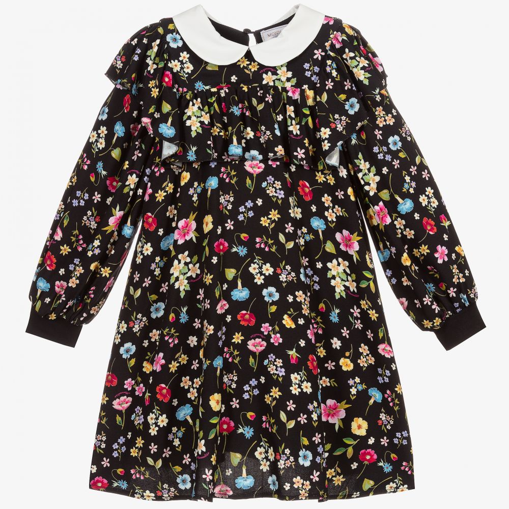 Monnalisa - Black Viscose Floral Dress | Childrensalon