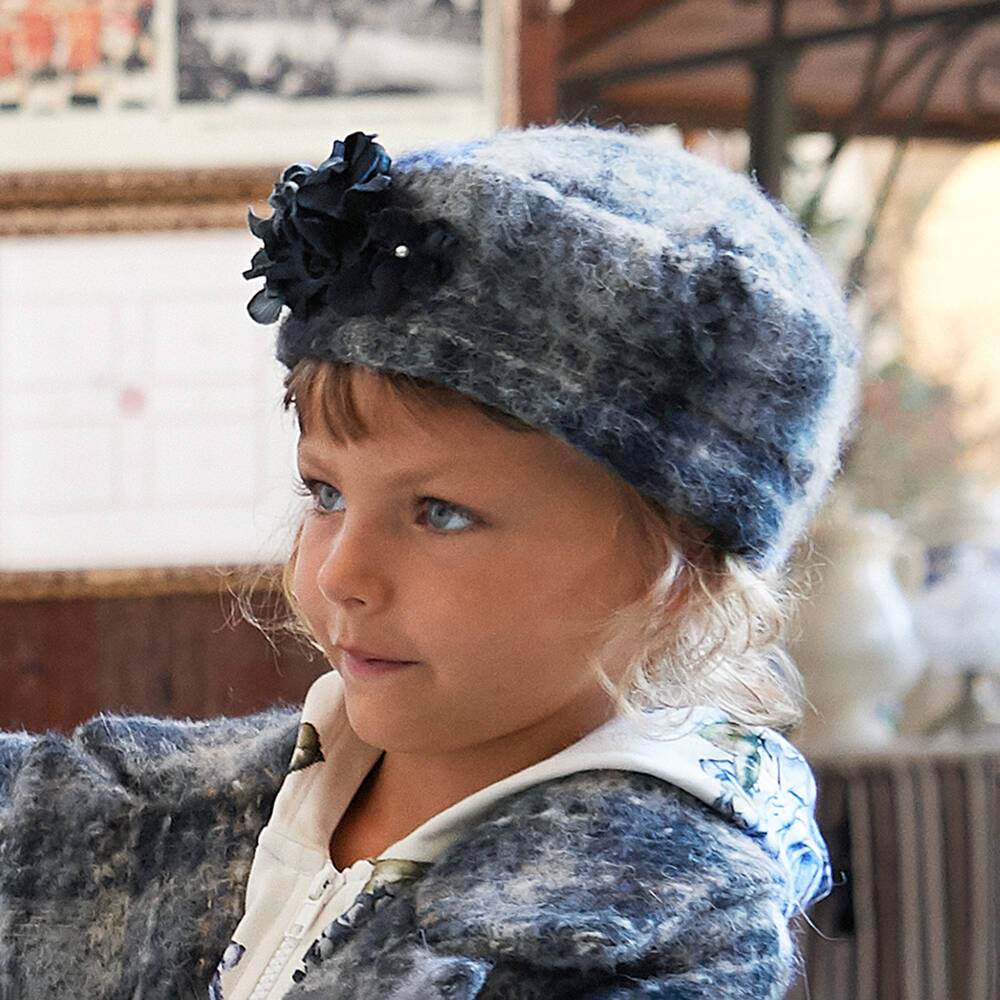 Monnalisa-قبعة  كاروهات مزيج صوف لون أزرق و كحلي للبنات | Childrensalon Outlet