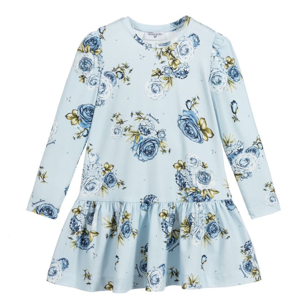 Monnalisa - Голубое хлопковое платье с цветочным рисунком | Childrensalon