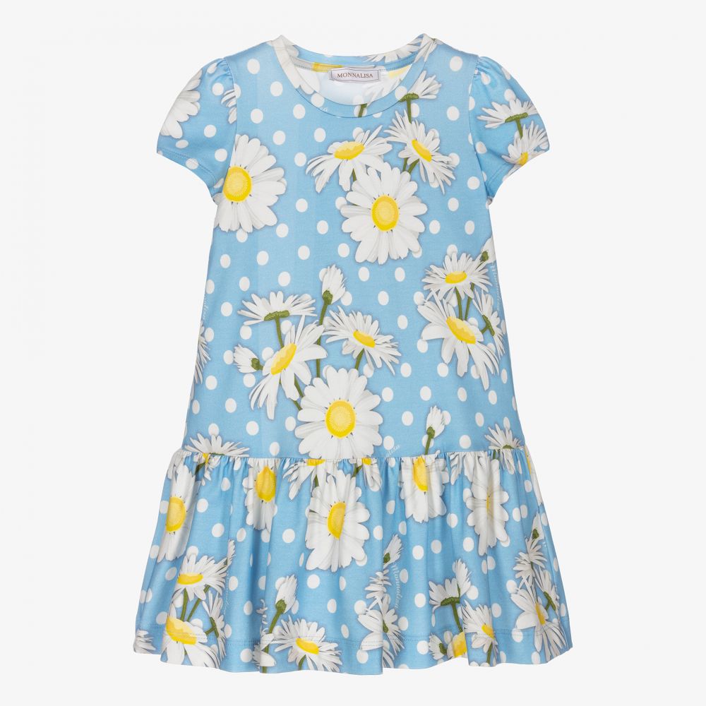 Monnalisa - Robe bleue pâquerettes et pois | Childrensalon