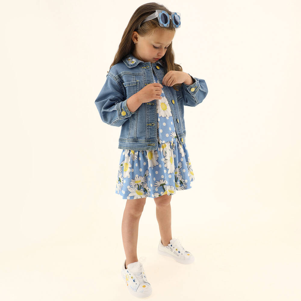 Monnalisa-Blue Daisies & Polka Dot Dress | Childrensalon Outlet