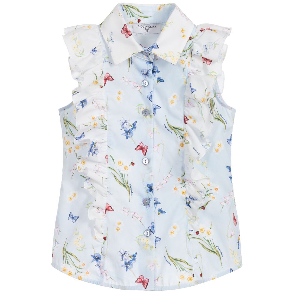 Monnalisa-Blue Floral Cotton Blouse | Childrensalon Outlet