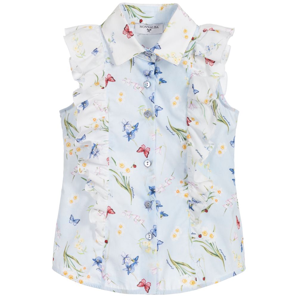 Monnalisa - Blue Floral Cotton Blouse | Childrensalon