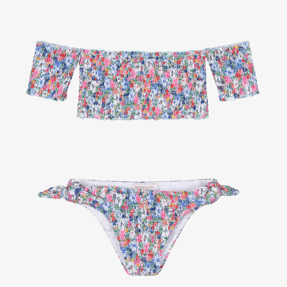 Monnalisa - Blauer, geraffter Bikini mit Blumen  | Childrensalon