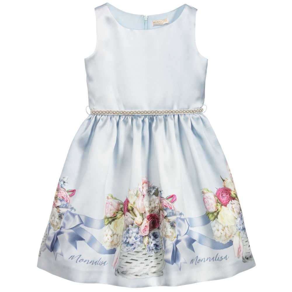 Monnalisa Chic - Blue Floral Satin Dress | Childrensalon