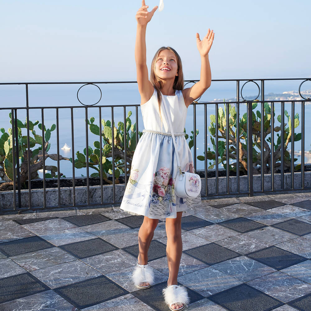 Monnalisa Chic-فستان ساتان لون أزرق بطبعة ورود | Childrensalon Outlet