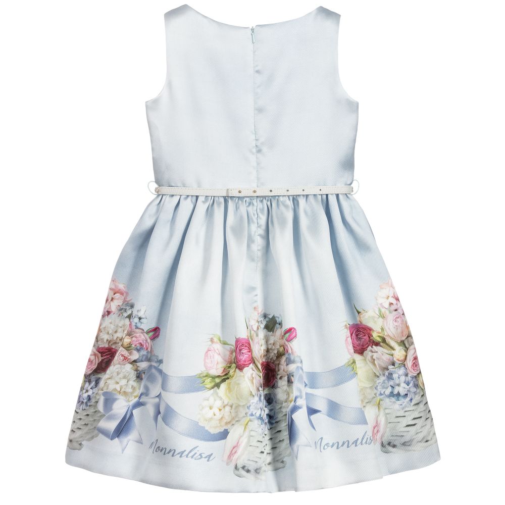 Monnalisa Chic-فستان ساتان لون أزرق بطبعة ورود | Childrensalon Outlet