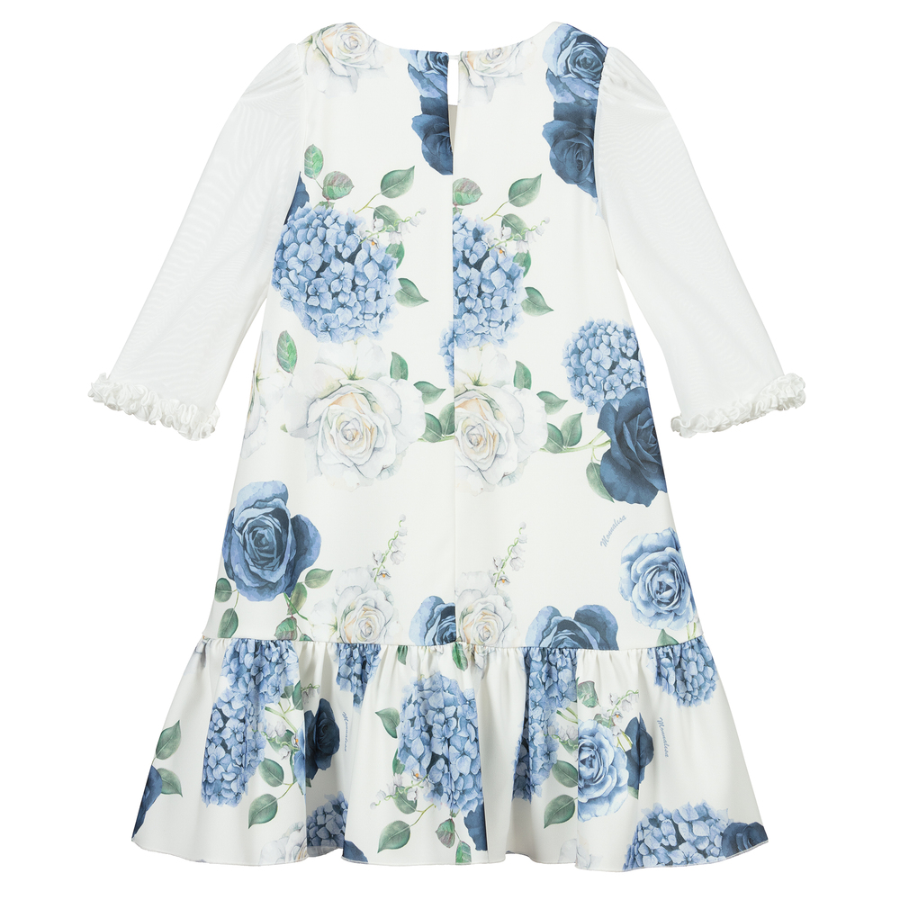 Monnalisa Chic-فستان كريب لون أزرق وعاجي بطبعة ورود | Childrensalon Outlet